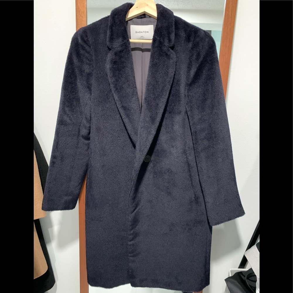 Aritzia Babaton Plush Long Coat in Deep Navy